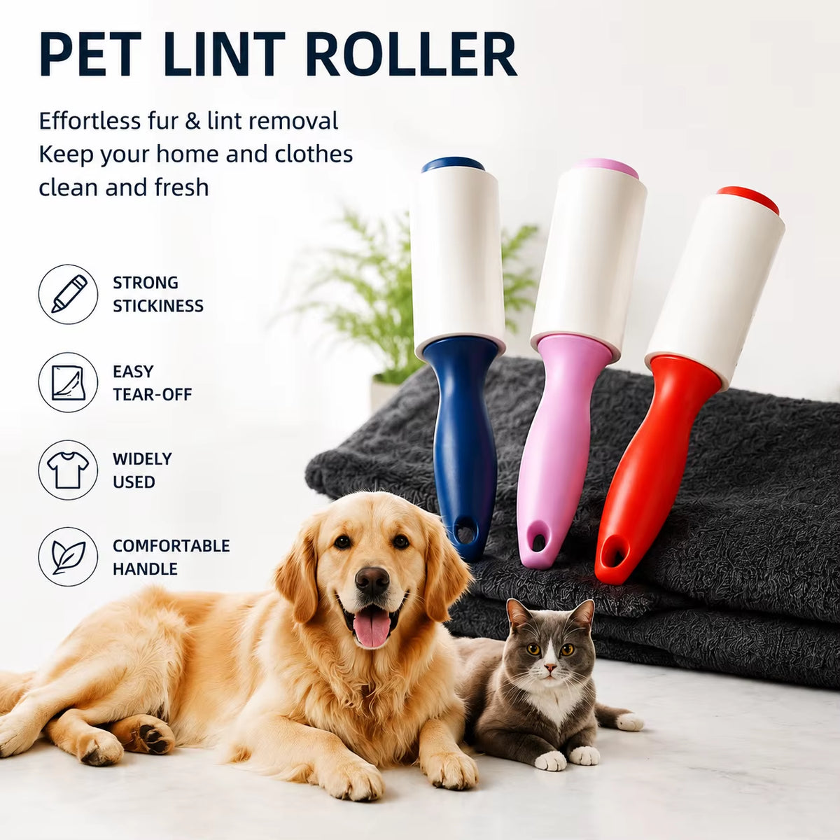 OEM Custom Packaging Reusable Pet Hair Remover Lint Roller with Plastic Handle Tearable Sticky Roller for Clothes Sofa Cleaning