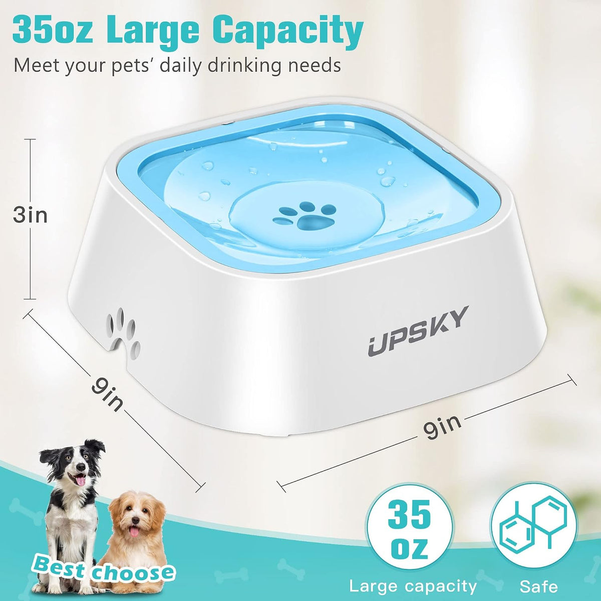 35Oz No-Spill Pet Water Bowl, Slow Water Feeder for Dogs and Cats